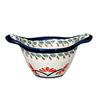 A picture of a Polish Pottery Zaklady 3.5" Small Bowl W/Handles (Scarlet Stitch) | Y1971A-A1158A as shown at PolishPotteryOutlet.com/products/3-5-small-bowl-w-handles-scarlet-stitch-y1971a-a1158a