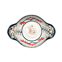 A picture of a Polish Pottery Bowl, Round, Handles, 3.5" Small in "Scarlet Stitch" by Zaklady | Y1971A-A1158A as shown at PolishPotteryOutlet.com/products/3-5-small-bowl-w-handles-scarlet-stitch-y1971a-a1158a