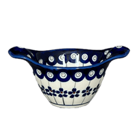 A picture of a Polish Pottery Bowl, Round, Handles, 3.5" Small in "Petite Floral Peacock" by Zaklady | Y1971A-A166A as shown at PolishPotteryOutlet.com/products/3-5-small-bowl-w-handles-floral-peacock-y1971a-a166a