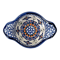 A picture of a Polish Pottery Small Bowl W/Handles (Blue Mosaic Flower) | Y1971A-A221A as shown at PolishPotteryOutlet.com/products/surprise-bowl-blue-mosaic-flower-y1971a-a221a