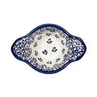 A picture of a Polish Pottery Zaklady Small Bowl W/Handles (Falling Blue Daisies) | Y1971A-A882A as shown at PolishPotteryOutlet.com/products/3-5-small-bowl-w-handles-falling-blue-daisies-y1971a-a882a