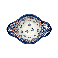 A picture of a Polish Pottery Bowl, Round, Handles, 3.5" Small in "Falling Blue Daisies" by Zaklady | Y1971A-A882A as shown at PolishPotteryOutlet.com/products/3-5-small-bowl-w-handles-falling-blue-daisies-y1971a-a882a