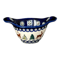 A picture of a Polish Pottery Zaklady Small Bowl W/Handles (Evergreen Moose) | Y1971A-A992A as shown at PolishPotteryOutlet.com/products/3-5-small-bowl-w-handles-evergreen-moose-y1971a-a992a