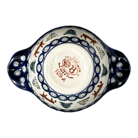 A picture of a Polish Pottery Zaklady Small Bowl W/Handles (Evergreen Moose) | Y1971A-A992A as shown at PolishPotteryOutlet.com/products/3-5-small-bowl-w-handles-evergreen-moose-y1971a-a992a