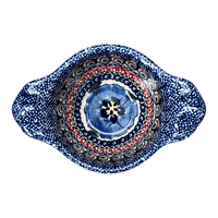 A picture of a Polish Pottery Zaklady Small Bowl W/Handles (Bloomin' Sky) | Y1971A-ART148 as shown at PolishPotteryOutlet.com/products/surprise-bowl-blue-bouquet-in-mosaic-y1971a-art148