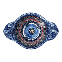 A picture of a Polish Pottery Bowl, Round, Handles, 3.5" Small in "Bloomin' Sky" by Zaklady | Y1971A-ART148 as shown at PolishPotteryOutlet.com/products/surprise-bowl-blue-bouquet-in-mosaic-y1971a-art148