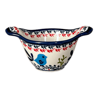 A picture of a Polish Pottery Zaklady Small Bowl W/Handles (Circling Bluebirds) | Y1971A-ART214 as shown at PolishPotteryOutlet.com/products/surprise-bowl-circling-bluebirds-y1971a-art214