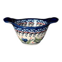 A picture of a Polish Pottery Zaklady Small Bowl W/Handles (Pansies in Bloom) | Y1971A-ART277 as shown at PolishPotteryOutlet.com/products/surprise-bowl-pansies-in-bloom-y1971a-art277