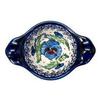 A picture of a Polish Pottery Bowl, Round, Handles, 3.5" Small in "Pansies in Bloom" by Zaklady | Y1971A-ART277 as shown at PolishPotteryOutlet.com/products/surprise-bowl-pansies-in-bloom-y1971a-art277