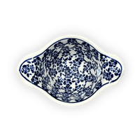 A picture of a Polish Pottery Zaklady Small Bowl W/Handles (Rooster Blues) | Y1971A-D1149 as shown at PolishPotteryOutlet.com/products/3-5-small-bowl-w-handles-rooster-blues-y1971a-d1149