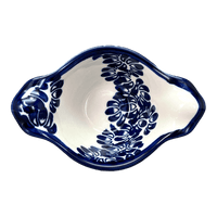 A picture of a Polish Pottery Small Bowl W/Handles (Blue Floral Vines) | Y1971A-D1210A as shown at PolishPotteryOutlet.com/products/surprise-bowl-blue-floral-vines-y1971a-d1210a