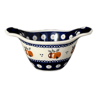 A picture of a Polish Pottery Bowl, Round, Handles, 3.5" Small in "Persimmon Dot" by Zaklady | Y1971A-D479 as shown at PolishPotteryOutlet.com/products/surprise-bowl-peacock-peaches-cream-y1971a-d479