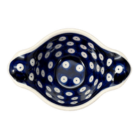 A picture of a Polish Pottery Bowl, Round, Handles, 3.5" Small in "Persimmon Dot" by Zaklady | Y1971A-D479 as shown at PolishPotteryOutlet.com/products/surprise-bowl-peacock-peaches-cream-y1971a-d479