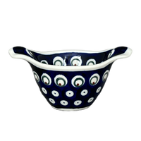 A picture of a Polish Pottery Zaklady 3.5" Small Bowl W/Handles (Peacock Burst) | Y1971A-D487 as shown at PolishPotteryOutlet.com/products/3-5-small-bowl-w-handles-peacock-burst-y1971a-d487