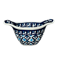 A picture of a Polish Pottery Bowl, Round, Handles, 3.5" Small in "Mosaic Blues" by Zaklady | Y1971A-D910 as shown at PolishPotteryOutlet.com/products/3-5-small-bowl-w-handles-mosaic-blues-y1971a-d910