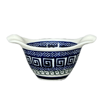A picture of a Polish Pottery Zaklady Small Bowl W/Handles (Grecian Dot) | Y1971A-D923 as shown at PolishPotteryOutlet.com/products/3-5-small-bowl-w-handles-geometric-peacock-y1971a-d923