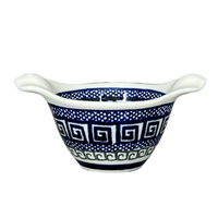 A picture of a Polish Pottery Bowl, Round, Handles, 3.5" Small in "Grecian Dot" by Zaklady | Y1971A-D923 as shown at PolishPotteryOutlet.com/products/3-5-small-bowl-w-handles-geometric-peacock-y1971a-d923