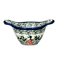 A picture of a Polish Pottery Zaklady 3.5" Small Bowl W/Handles (Floral Swallows) | Y1971A-DU182 as shown at PolishPotteryOutlet.com/products/3-5-small-bowl-w-handles-floral-swallows-y1971a-du182