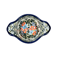 A picture of a Polish Pottery Zaklady 3.5" Small Bowl W/Handles (Floral Swallows) | Y1971A-DU182 as shown at PolishPotteryOutlet.com/products/3-5-small-bowl-w-handles-floral-swallows-y1971a-du182