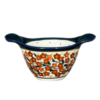 A picture of a Polish Pottery Zaklady Small Bowl W/Handles (Orange Wreath) | Y1971A-DU52 as shown at PolishPotteryOutlet.com/products/3-5-small-bowl-w-handles-du52-y1971a-du52