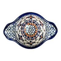 A picture of a Polish Pottery Bowl, Round, Handles, 3.5" Small in "Emerald Mosaic" by Zaklady | Y1971A-DU60 as shown at PolishPotteryOutlet.com/products/3-5-small-bowl-w-handles-emerald-mosaic-y1971a-du60