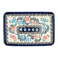 A picture of a Polish Pottery Zaklady 5" x 7.25" Small Sushi Tray (Climbing Aster) | Y2021-A1145A as shown at PolishPotteryOutlet.com/products/5-x-7-25-small-sushi-tray-climbing-aster-y2021-a1145a