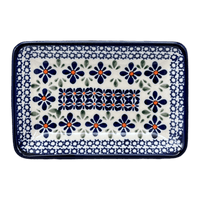 A picture of a Polish Pottery Zaklady Small Sushi Tray (Blue Mosaic Flower) | Y2021-A221A as shown at PolishPotteryOutlet.com/products/5-x-7-25-small-sushi-tray-blue-mosaic-flower-y2021-a221a