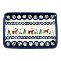 A picture of a Polish Pottery Zaklady Small Sushi Tray (Evergreen Moose) | Y2021-A992A as shown at PolishPotteryOutlet.com/products/5-x-7-25-small-sushi-tray-evergreen-moose-y2021-a992a