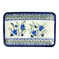 A picture of a Polish Pottery Zaklady Small Sushi Tray (Blue Tulips) | Y2021-ART160 as shown at PolishPotteryOutlet.com/products/small-sushi-tray-blue-tulips-y2021-art160
