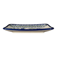 A picture of a Polish Pottery Zaklady Small Sushi Tray (Blue Tulips) | Y2021-ART160 as shown at PolishPotteryOutlet.com/products/small-sushi-tray-blue-tulips-y2021-art160