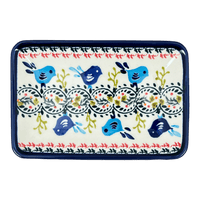 A picture of a Polish Pottery Zaklady 5" x 7.25" Small Sushi Tray (Circling Bluebirds) | Y2021-ART214 as shown at PolishPotteryOutlet.com/products/5-x-7-25-small-sushi-tray-circling-bluebirds-y2021-art214