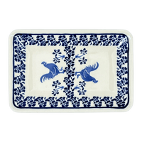 A picture of a Polish Pottery Zaklady Small Sushi Tray (Rooster Blues) | Y2021-D1149 as shown at PolishPotteryOutlet.com/products/5-x-7-25-small-sushi-tray-rooster-blues-y2021-d1149