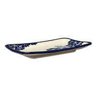 A picture of a Polish Pottery Zaklady Small Sushi Tray (Blue Floral Vines) | Y2021-D1210A as shown at PolishPotteryOutlet.com/products/5-x-7-25-small-sushi-tray-blue-floral-vines-y2021-d1210a