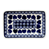 A picture of a Polish Pottery Zaklady 5" x 7.25" Small Sushi Tray (Swirling Hearts) | Y2021-D467 as shown at PolishPotteryOutlet.com/products/5-x-7-25-small-sushi-tray-swirling-hearts-y2021-d467
