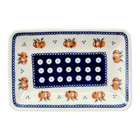 A picture of a Polish Pottery Zaklady Small Sushi Tray (Persimmon Dot) | Y2021-D479 as shown at PolishPotteryOutlet.com/products/small-sushi-tray-peacock-peaches-cream-y2021-d479
