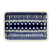 A picture of a Polish Pottery Zaklady Small Sushi Tray (Grecian Dot) | Y2021-D923 as shown at PolishPotteryOutlet.com/products/5-x-7-25-small-sushi-tray-geometric-peacock-y2021-d923
