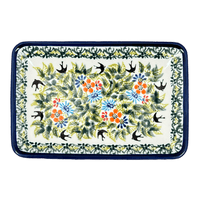 A picture of a Polish Pottery Zaklady 5" x 7.25" Small Sushi Tray (Floral Swallows) | Y2021-DU182 as shown at PolishPotteryOutlet.com/products/5-x-7-25-small-sushi-tray-floral-swallows-y2021-du182