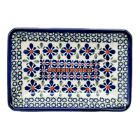 A picture of a Polish Pottery Zaklady Small Sushi Tray (Emerald Mosaic) | Y2021-DU60 as shown at PolishPotteryOutlet.com/products/5-x-7-25-small-sushi-tray-emerald-mosaic-y2021-du60