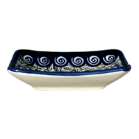 A picture of a Polish Pottery Zaklady Tiny Rectangular Sauce Dish (Spring Swirl) | Y2024-A1073A as shown at PolishPotteryOutlet.com/products/3-75-x-2-75-tiny-rectangular-sauce-dish-spring-swirl-y2024-a1073a