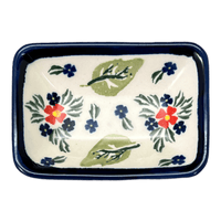 A picture of a Polish Pottery Zaklady Tiny Rectangular Sauce Dish (Mountain Flower) | Y2024-A1109A as shown at PolishPotteryOutlet.com/products/sauce-dish-mistletoe-y2024-a1109a