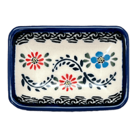 A picture of a Polish Pottery Zaklady Tiny Rectangular Sauce Dish (Climbing Aster) | Y2024-A1145A as shown at PolishPotteryOutlet.com/products/3-75-x-2-75-tiny-rectangular-sauce-dish-climbing-aster-y2024-a1145a
