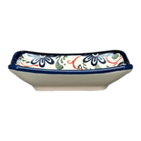 A picture of a Polish Pottery Zaklady Tiny Rectangular Sauce Dish (Swirling Flowers) | Y2024-A1197A as shown at PolishPotteryOutlet.com/products/3-75-x-2-75-tiny-rectangular-sauce-dish-swirling-flowers-y2024-a1197a