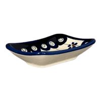 A picture of a Polish Pottery Zaklady Tiny Rectangular Sauce Dish (Petite Floral Peacock) | Y2024-A166A as shown at PolishPotteryOutlet.com/products/3-75-x-2-75-tiny-rectangular-sauce-dish-floral-peacock-y2024-a166a