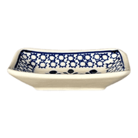 A picture of a Polish Pottery Tiny Rectangular Sauce Dish (Blue Mosaic Flower) | Y2024-A221A as shown at PolishPotteryOutlet.com/products/sauce-dish-blue-mosaic-flower-y2024-a221a