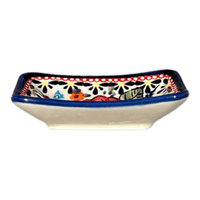 A picture of a Polish Pottery Zaklady Tiny Rectangular Sauce Dish (Butterfly Bouquet) | Y2024-ART149 as shown at PolishPotteryOutlet.com/products/sauce-dish-butterfly-bouquet-y2024-art149