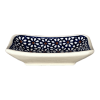 A picture of a Polish Pottery Zaklady Tiny Rectangular Sauce Dish (Ditsy Daisies) | Y2024-D120 as shown at PolishPotteryOutlet.com/products/3-75-x-2-75-tiny-rectangular-sauce-dish-ditsy-daisies-y2024-d120