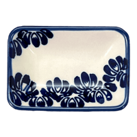 A picture of a Polish Pottery Tiny Rectangular Sauce Dish (Blue Floral Vines) | Y2024-D1210A as shown at PolishPotteryOutlet.com/products/sauce-dish-blue-floral-vines-y2024-d1210a