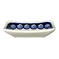 A picture of a Polish Pottery Zaklady 3.75" x 2.75" Tiny Rectangular Sauce Dish (Swirling Hearts) | Y2024-D467 as shown at PolishPotteryOutlet.com/products/3-75-x-2-75-tiny-rectangular-sauce-dish-swirling-hearts-y2024-d467