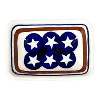 A picture of a Polish Pottery Zaklady Tiny Rectangular Sauce Dish (Stars & Stripes) | Y2024-D81 as shown at PolishPotteryOutlet.com/products/sauce-dish-stars-stripes-y2024-d81