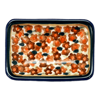 A picture of a Polish Pottery Zaklady 3.75" x 2.75" Tiny Rectangular Sauce Dish (Orange Wreath) | Y2024-DU52 as shown at PolishPotteryOutlet.com/products/3-75-x-2-75-tiny-rectangular-sauce-dish-orange-wreath-y2024-du52